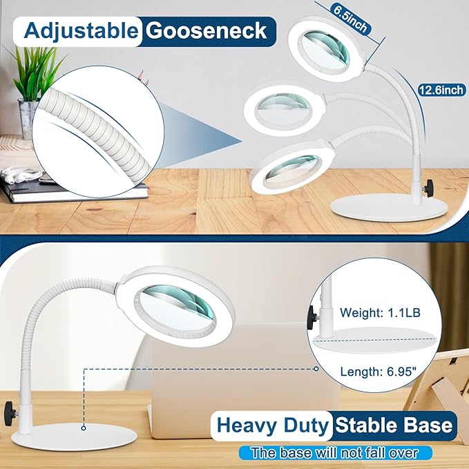 IVMAIE 10X Magnifying Glass with Light, Real Glass Lens, 5 Color Modes Dimmable, Flexible Gooseneck Lighted Magnifier with Stand, LED Desk Lamp Hands Free for Crafts Painting Reading Close Work, White