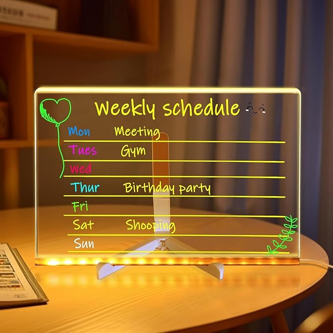 Led Note Board with Colors, 12” X 8” Acrylic Led Light Up Message Board, Acrylic Dry Erase Memo Arts Doodle Desktop Note Illuminated Wordpad Writing Board for Home Shop Christmas etc