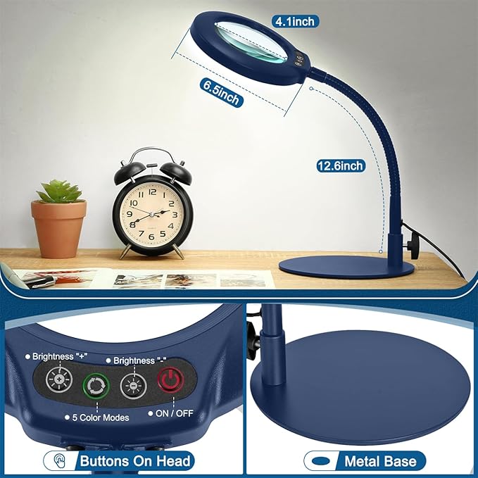 IVMAIE 10X Magnifying Glass with Light, Real Glass Lens, 5 Color Modes Dimmable, Flexible Gooseneck Lighted Magnifier with Stand, LED Desk Lamp Hands Free for Crafts Painting Reading Close Work, Blue