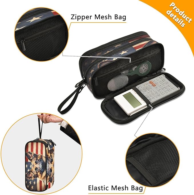 BOENLE Dog German Shepherd American Flag Pencil Case Box Boys Girls Large Pencil Pouch Zipper Compartments Big Capacity Stationery Pen Bag Organizer for Kids Teens Adults School