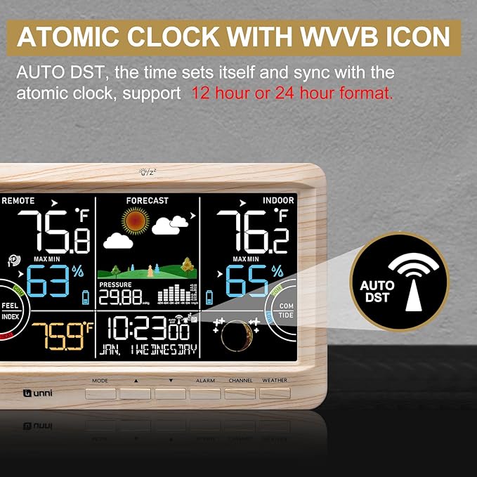 Weather Station Indoor Outdoor Thermometer Wireless, Home Atomic Clock with Large Constant Display, Inside Outside Temperature Humidity Monitor, Dew Heat Point, Barometer Wood