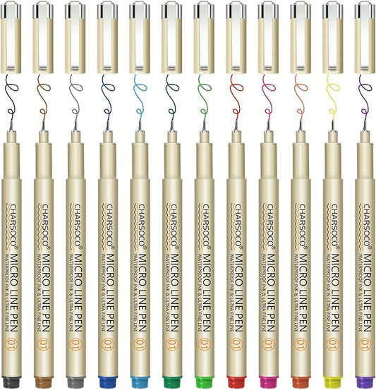 CHARSOCO 01 Micro Pen, Fine Point Pen with 12 Colors, Waterproof Archival Ink, 0.25mm Fineliner Ink Pens for Artist Illustration, Sketching, Anime, Manga, Technical Drawing and Scrapbooking