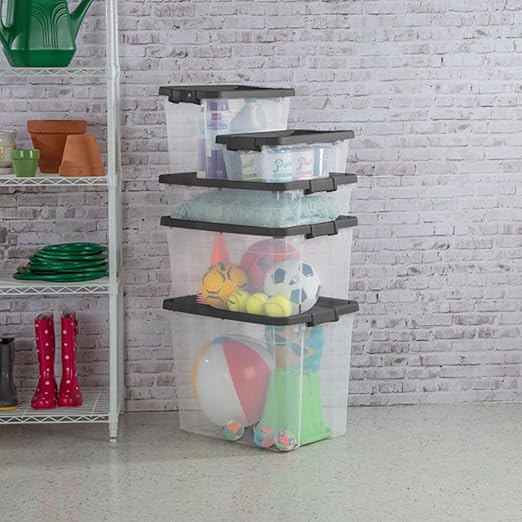 Sterilite 12-Pack Modular Stacker Box, Durable Clear Plastic Storage Bins with Latching Lids, 40 Quart - Stackable Organizing Container Boxes for Closet, Bathroom, and Office