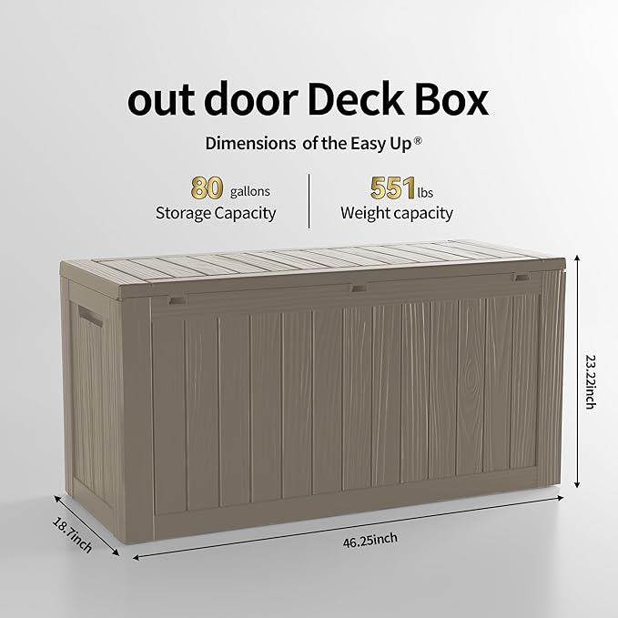 TARKARI 80 Gallon Lockable Resin Deck Box, Waterproof & UV-Resistant Outdoor Storage Box for Outdoor Cushion Storage, Garden Tools & Pool Accessories Storage, Coffee