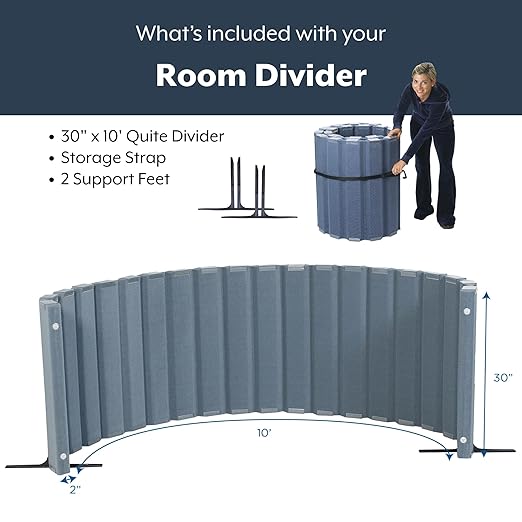 Angeles 30" x 10' Quiet Divider With Sound Dampening Panels, Freestanding Room Divider Wall, Gray