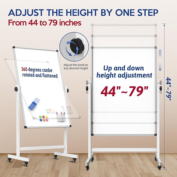UIFER Rolling Whiteboard, 44 x 26 Double Sided Magnetic Dry Erase Board Height Adjustable Whiteboard on Wheels with Sturdy Aluminum Frame for Home Office Classroom