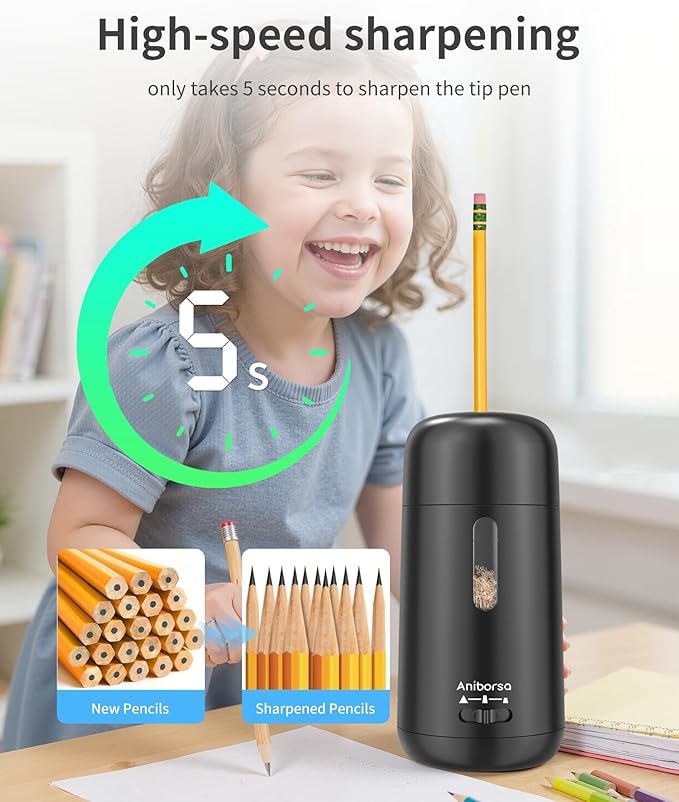 Aniborsa Automatic Electric Pencil Sharpener - Auto Feed, Auto Stop & Auto Eject, Rechargeable for Classroom, Home, School, Office, Black
