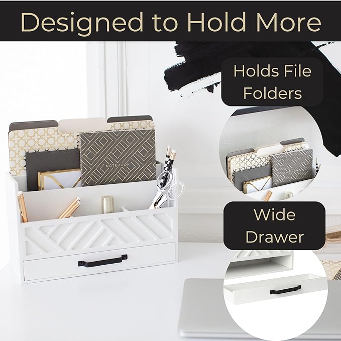 BLU MONACO | White Wooden Mail Organizer with Drawer | Desktop Mail Sorter & Countertop Bill Holder for Home Office | Multi-Compartment Desk Organizer with Farmhouse Style