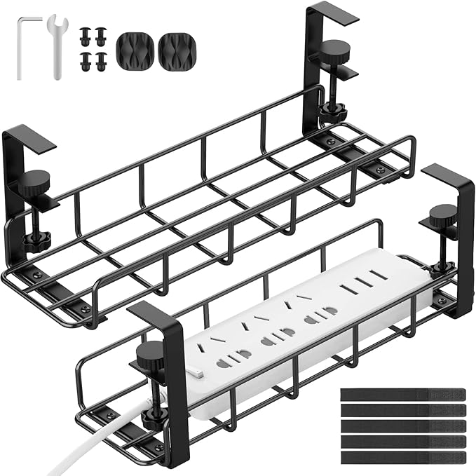 Under Desk Cable Management Tray, 31.5'' No Drill Steel Cable Tray Organizers, Wire Management Tray Cable Rack with Clamp Mount, Metal Under Desk Tray with Wire and Cord Organizer (Black, 2 Pack)