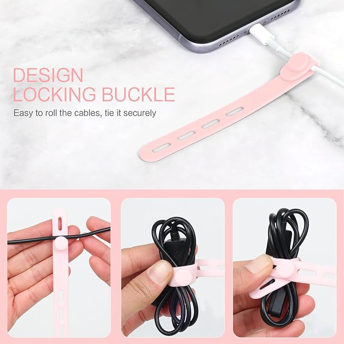 Donruby 24Pcs Silicone Cable Ties - Reusable & Washable with Locking Buckles, Adjustable Fastening Cable Management Straps, Multi-Purpose High Elasticity Cord Organizer (Pink)