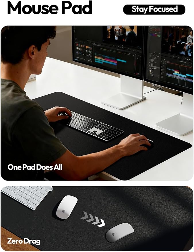YSAGi Leather Desk Protector, Office Mat, Large Mouse Mat, Non-Slip PU Leather Blotter, Laptop Desk Pad, Waterproof Writing Pad for Office and Home (Black, 47.2" x 23.6")