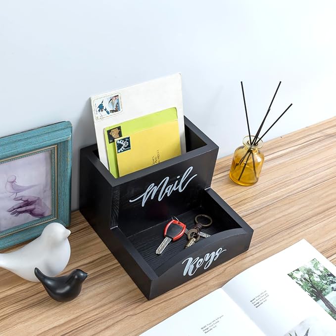 MyGift Urban Modern Mail Holder and Key Organizer Tray in Black Stained Solid Wood Finish, Entryway Storage Catchall with Cursive Mail and Keys Word Design, Office Desktop Organizing Bin