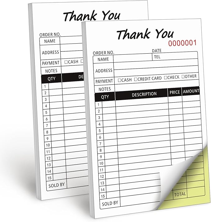 Receipt Book with Cardboard 2-Part Carbonless, Order Forms for Small Business