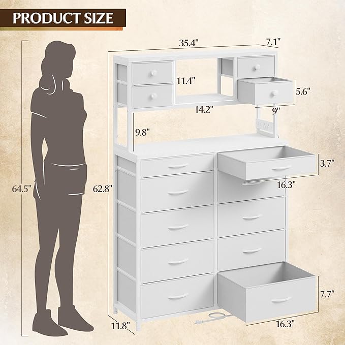 EnHomee 62.8" H Dresser for Bedroom with Multiple Fabric Drawers,White Dresser with Charging Station and LED Lights,Dressers & Chests of Drawers for Bedroom, Steel Frame & Wooden Top, Entryway