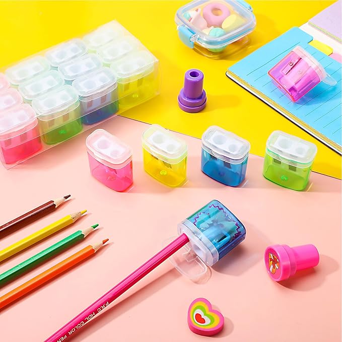 Teling 180 Pcs Manual Pencil Sharpeners Bulk Handheld Dual Holes Pencil Sharpeners for Kids Colorful Portable Compact Sharpener with Lid for Students School Class Home Office Supply