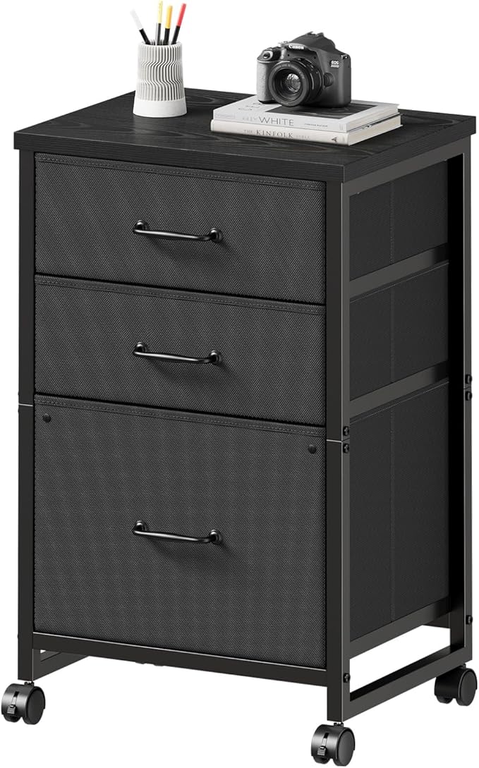 Maihail 3 Drawer Mobile File Cabinet with Wheels Fabric Vertical Filing Cabinet fits A4 or Letter Size for Home Office,Black