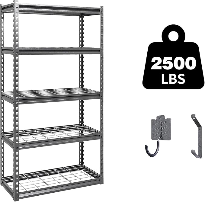 Shuntong The Atlas 30" W x 12" D x 60" H Adjustable Garage Storage Shelves Load 2500 lbs, 5 Tier Heavy Duty Shelving Unit, Metal Utility Storage Rack for Warehouse Pantry Basement Kitchen, Dark Grey