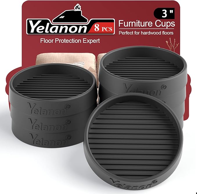 Yelanon Furniture Coasters - 8 Pcs 3”Round Furniture Caster Cups - Non Slip Pads Hardwood Floors Non Skid Grippers Rubber Furniture Feet - Anti Slide Floor Protector for Bed Couch Stoppers Black