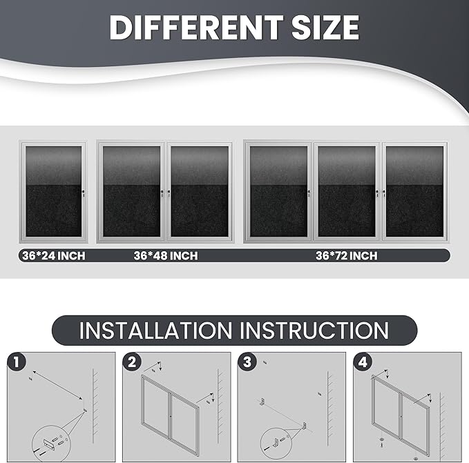 48"x36" Lockable Enclosed Bulletin Board, Outdoor Flet Weather-Resistant Aluminum Frame Notice Board, Wall Mounted Display Case Acrylic Doors for School,Office,Silver Frame w/Black Flet