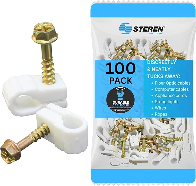STEREN Coaxial Cable Clips - Cable Holder - Wire Clips - Siding Clips for Hanging - Cord Holder for Desk - Cable Clamps (White, 100 Count - Single Screw)