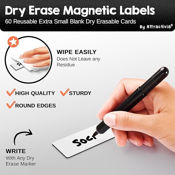 Attractivia Dry Erase Magnetic Labels 2.8 x 1.2 in, Dry Erase Magnets, 60-Pack, White Erasable Write-On All-Purpose Labels, for Office, Education, Home, Whiteboard, Magnetic Name Tags