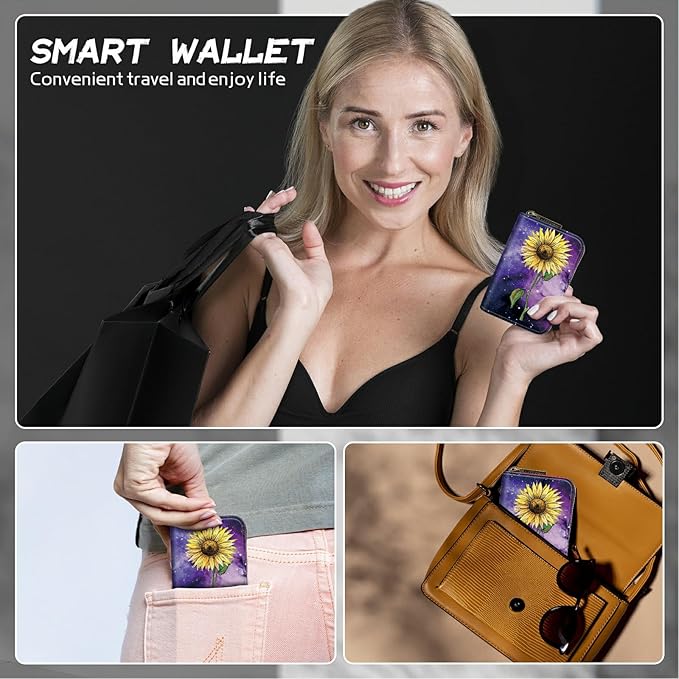 BWEGRHE Cute Credit Card Holder with Zipper, Sunflower Yellow Purple Galaxy RFID-Blocking Card Case Small Wallet for Women Men, Multi-slot Card Organizer Case Travel Accordion Wallet