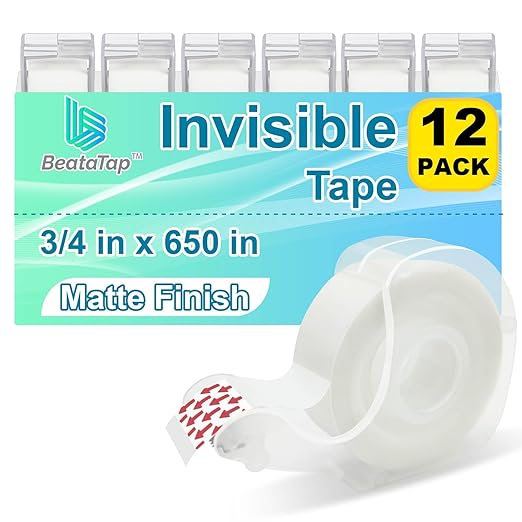 BeataTap Tape Bulk, Clear Tape, Invisible, Matte Finish, Writable, 3/4 in x 650 in, Transparent Tape, 12 Rolls with Dispensers, Ideal for Gift Wrapping, School Supplies & Office Use