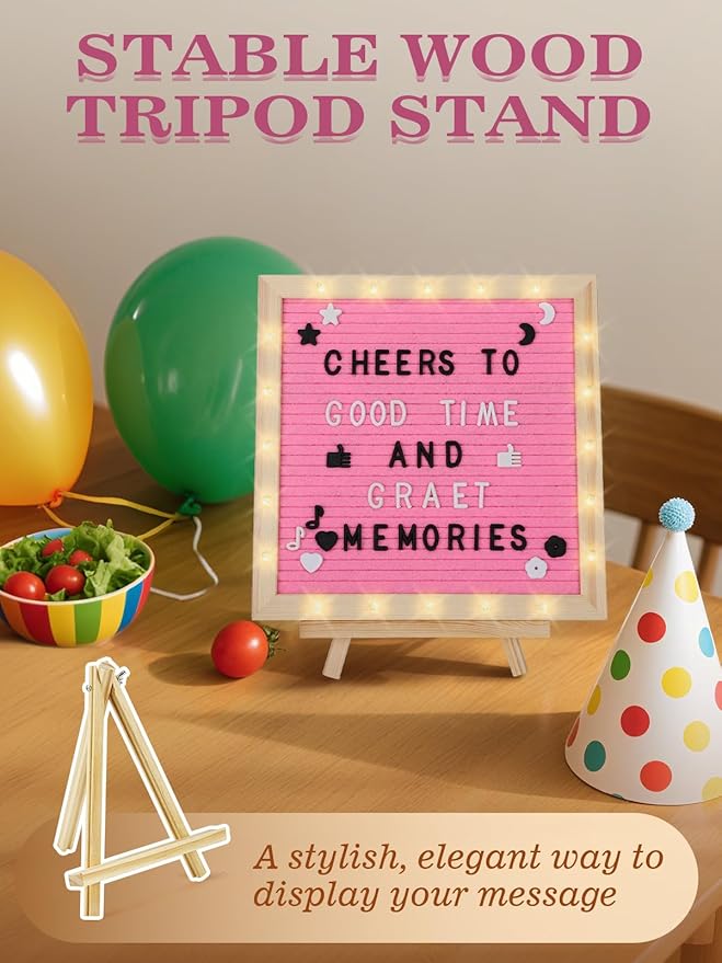 Changeable Felt Letter Board with LED Lights - 10×10" Message Custom Signs & Wood Stand & 450 Letters, Poster Board for Valentine's Day/Baby/Pregnancy Announcement/Classroom Wall Decor Gifts, Pink