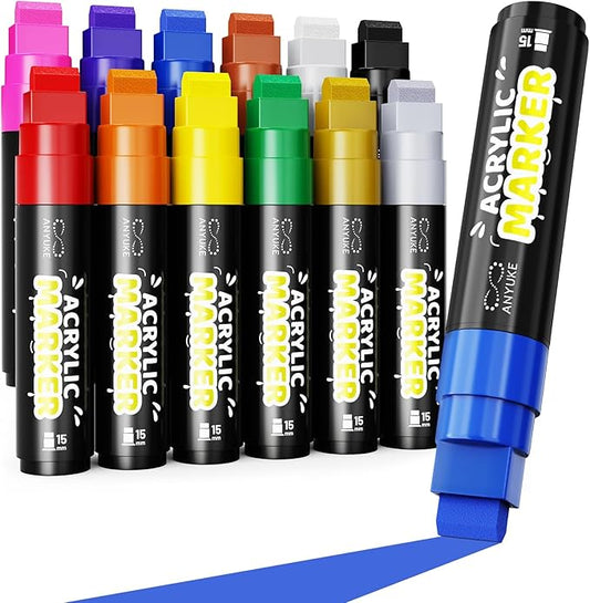 ANYUKE 12 Colors Acrylic Paint Markers - 15mm Jumbo Poster Markers, Permanent Paint Pens for Poster Board, Fabric, Rocks, Wood, Glass, Ceramic, Canvas, Metal, Plastic