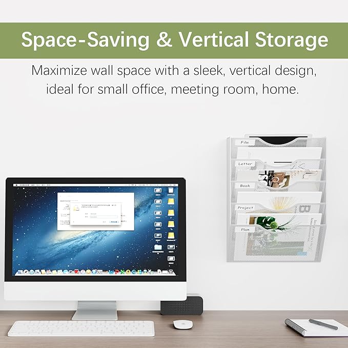 EasyPAG 5 Pocket Mesh Wall File Organizer, Hanging Paper Folder Holder with Classify Label, Vertical Wall Mount Mail Organizer for Office Home Classroom, White