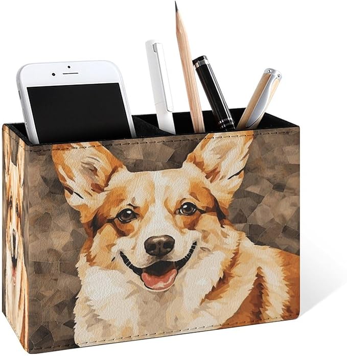 Famame Texture Corgi Dog Pencil Holder for Desk, Leather Desktop Container Pen Cup Storage Study Table Pen Organizer Makeup Brush Holder for Classroom Office Home