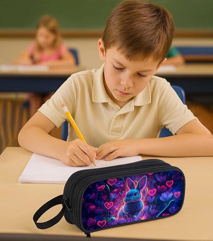 AnySmic Bunny Pencil Case for Boys Girls, Large Durable Pencil Pouch for Kids, Big Capacity Pen Case with 2 Compartments, Double Zipper, Pen Bag Organizer for Child Age 6+