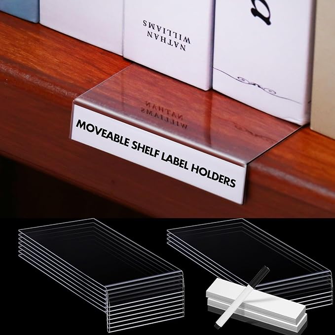 Containlol 60 Sets Moveable Shelf Label Display Holders with Label Inserts and Marker Clear Shelves Tag Plastic Shelf Markers Teachers Gift for Classroom Office Book Shelves(6.5 x 3 x 0.63 Inch)