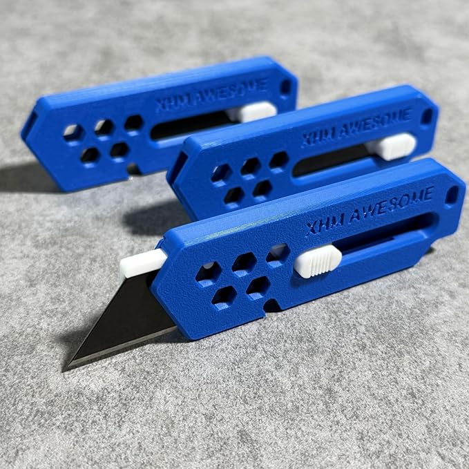 XHM Awesome Small Box Cutter Retractable Blade Ultility Knife, For Artwork, Cardboard Cutting, Package/Letter Opening, Home, Office & EDC Use, Pack of 3 (BLUE)