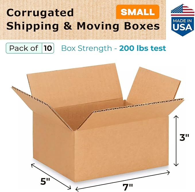 IDL Packaging - B-753-10 Small Corrugated Shipping Boxes 7"L x 5”W x 3"H (Pack of 10) - Quality Choice of Sturdy Packing Boxes for USPS, UPS, FedEx Shipping