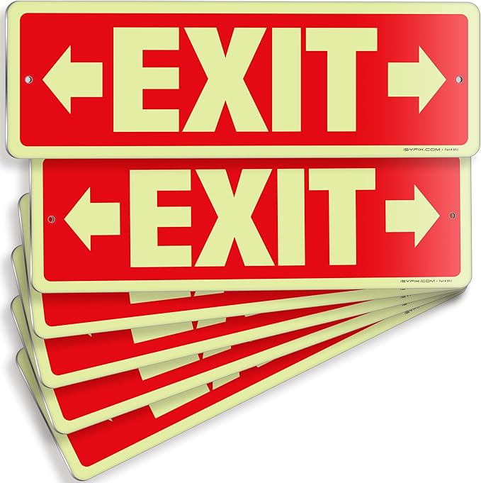 iSYFIX Exit Signs with Directional Right & Left Arrow, Glow in the Dark, Photoluminescent Aluminum 12x4 Inch - 6 Pack, Laminated for UV & Weather Resistance, Ideal for Offices, Schools, Theaters & More