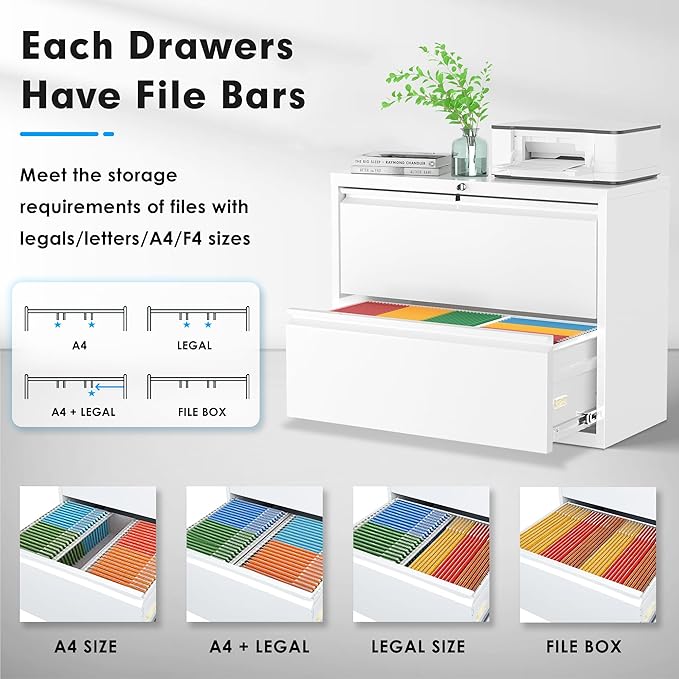 Pataku Lateral File Cabinet, 2 Drawer File Cabinet with Lock, White Filing Cabinets for Home Office, Metal File Cabinet for Hanging Files/Letters/Legal/F4/A4(2Drawer/White)