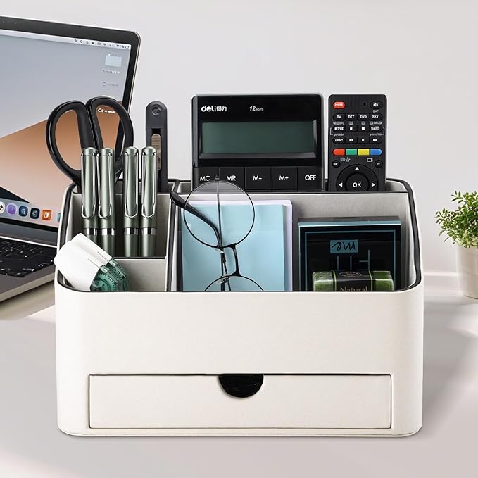KINGFOM PU Leather Desk Organizer with Drawer, 5 Compartments Desktop Storage Caddy for Office Home Supplies, Pen Holder for Remote Control, Phone & Accessories, Mail Organizer Countertop Ivory White