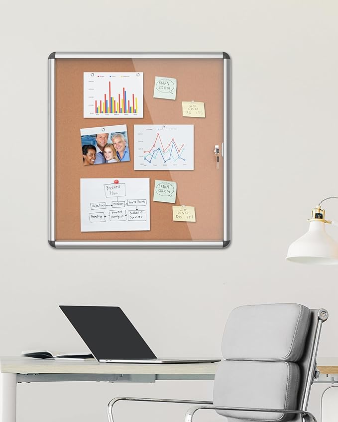 Mifuro 28"x26" Enclosed Bulletin Board, Lockable Weather-Resistant Aluminum Cork Noticeboard for School & Office, Silver Frame w/Cork