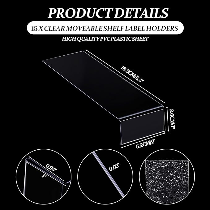 Containlol 15 Pieces Moveable Shelf Label Holders Clear Shelves Tags Moveable Library Markers Transparent Shelf Label Display Holder for Classroom Office Library Book Shelves(6.5 x 2 x 1 Inch)
