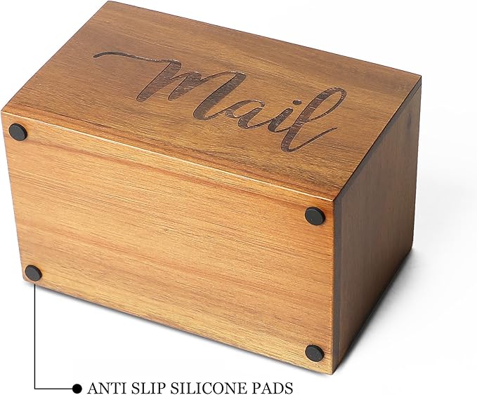 LBEMEY Mail Holder Storage Organizer Box,Acacia Wood Mail Organizer Countertop,Desktop Letters, Bills, Notes and Postcard Bin for Home Office Dorm Room