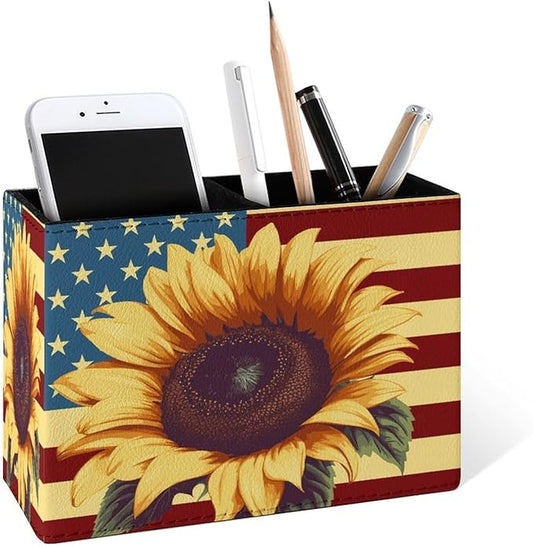 Famame Sunflower on American Flag Pencil Holder for Desk, Leather Desktop Container Pen Cup Storage Study Table Pen Organizer Makeup Brush Holder for Classroom Office Home