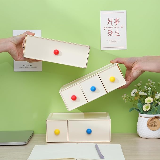OSteed Desktop Drawers, Desk Organizer with 2 Drawers & Dopamine Handles, Stackable Plastic Storage Box for Home Collection, Cosmetics, Office Supplies (1 Tall Layer, Cream)