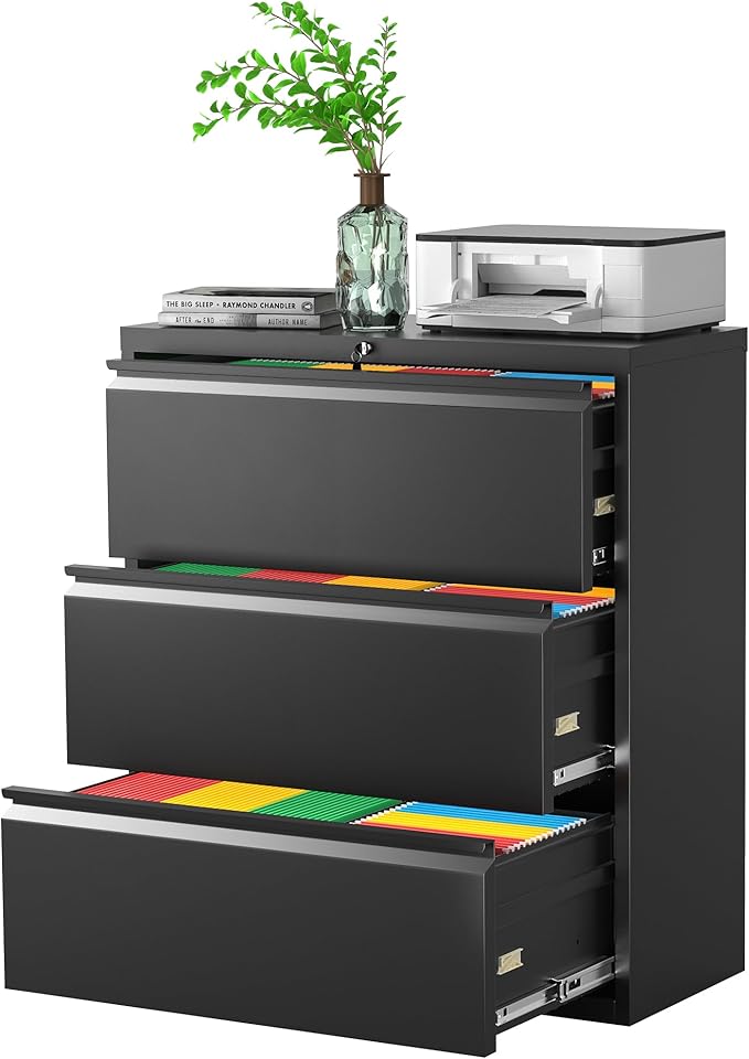 Pataku Metal Lateral File Cabinet with Lock, Steel Lateral Filing Cabinet 3 Drawer, Locking Office Home Wide Organization File Cabinet for Hanging Files Letter/Legal/F4/A4 Size(3Drawer/Black)