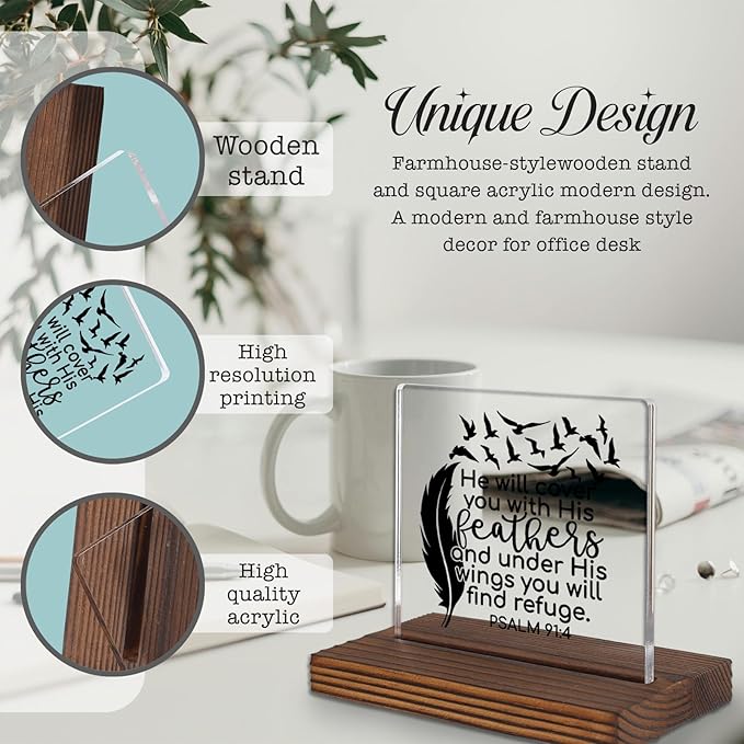 Christian Bible Verse Desk Sign, Psalm 91:4 Feather Wings Inspirational Scripture Gift for Women Men, Spiritual Office Desk Plaque for Birthday, Baptism, Retirement, Christmas PA129