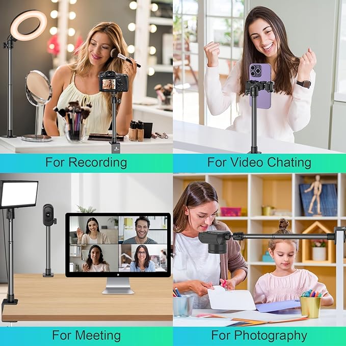 Ailight Camera Desk Mount Webcam Stand with Phone Holder, Adjustable Table Camera Stand with 1/4" Screw & C Clamp Overhead Tripod Webcam Mount for Logitech Obsbot insta360 Anker and Others