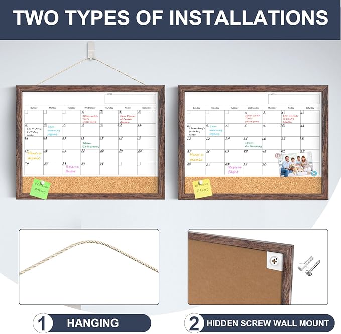 Calendar Whiteboard for Wall, 18x24 Inches White Board Calendar Dry Erase, Magnetic White Board with Wood Frame, Hanging Dry Erase Board for Kitchen Home Office School Planner