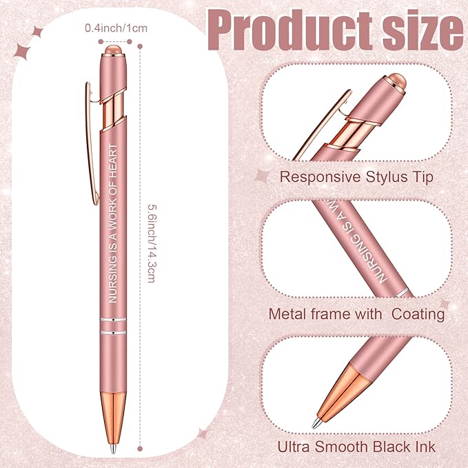 Zonon 12 Pcs Inspirational Pens Bulk Funny Ballpoint Pen with Stylus Tip Motivational Gifts for Valentine's Day Teacher Coworkers Nurse School Office Supplies(Rose Gold,Nurse Style)