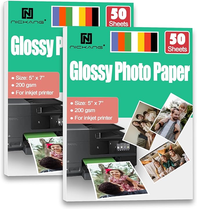 NICKANG 5x7 Glossy Photo Paper, Total of 100 Sheets Bulk, 200 gsm, Photo Paper 5x7, Photo Printer Paper, Picture Paper for Printer, Inkjet Photo paper (50 Sheets/Pack x 2 Packs)