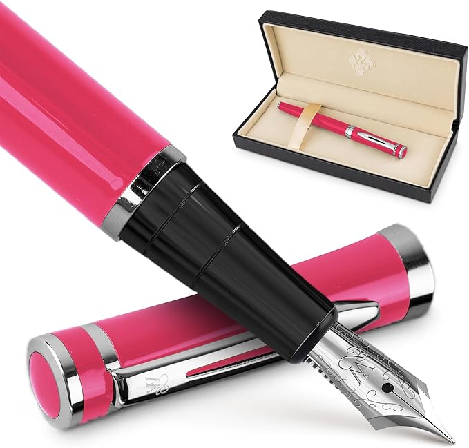 Wordsworth & Black Fountain Pen Set, Medium Nib, Includes 24 Ink Cartridges and Ink Refill Converter, Gift Case, Journaling, Calligraphy, Smooth Writing Pens [Hot Pink], Perfect for Men and Women
